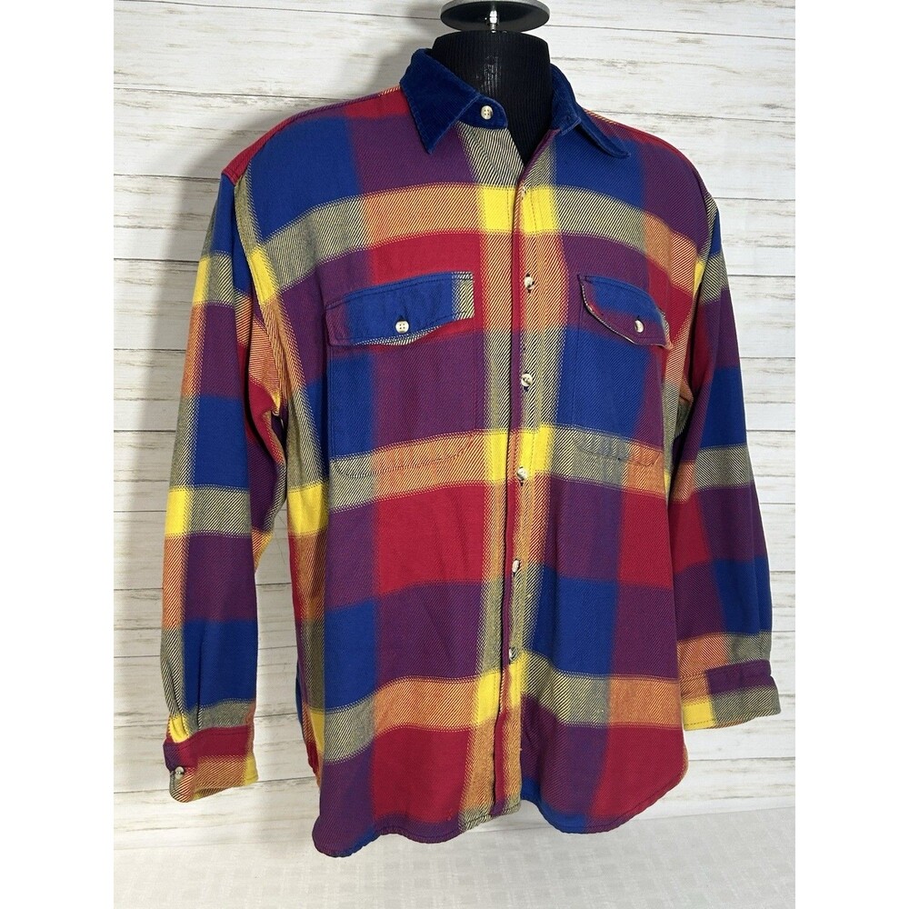 Vtg. Architect Long Sleave Men's Button COLORFUL Plaid Flannel Shirt Size LARGE